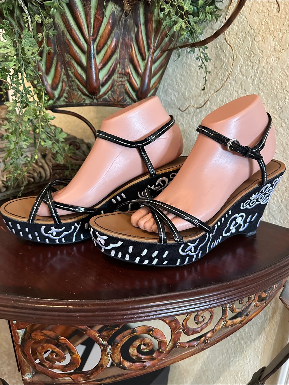 New Fiona Black Floral-Embroided Wedge Sandals -Strappy Ankle Strap